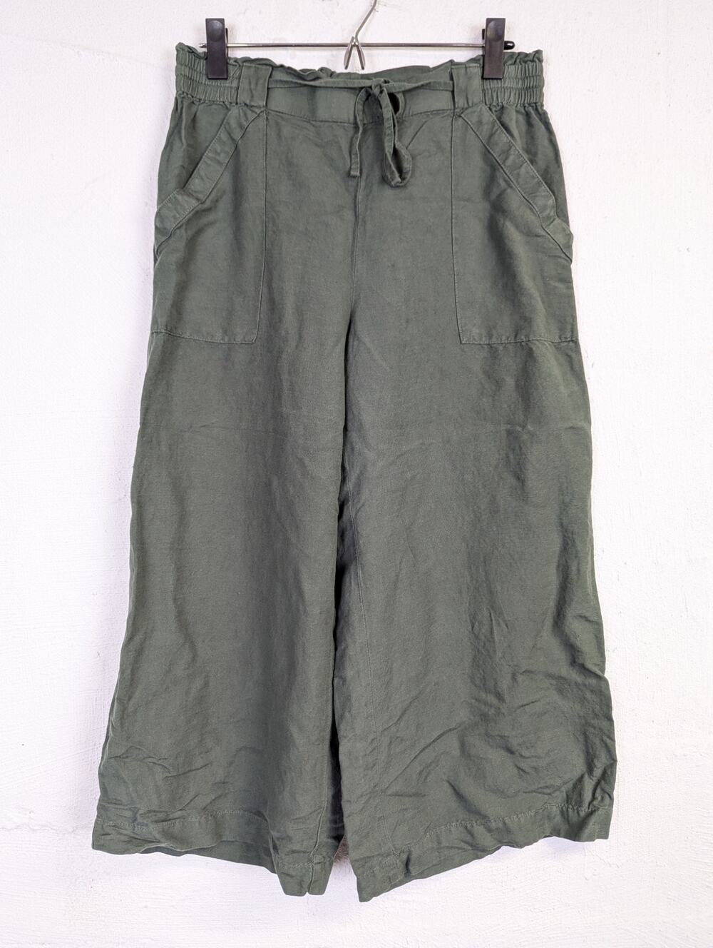 LOFT Linen Blend Wide Leg Pants High Rise Pull On Cropped Green Medium Petite